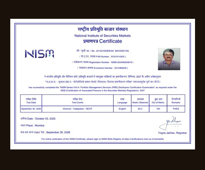 AMFI certificate of Jayachandran Mahadevan